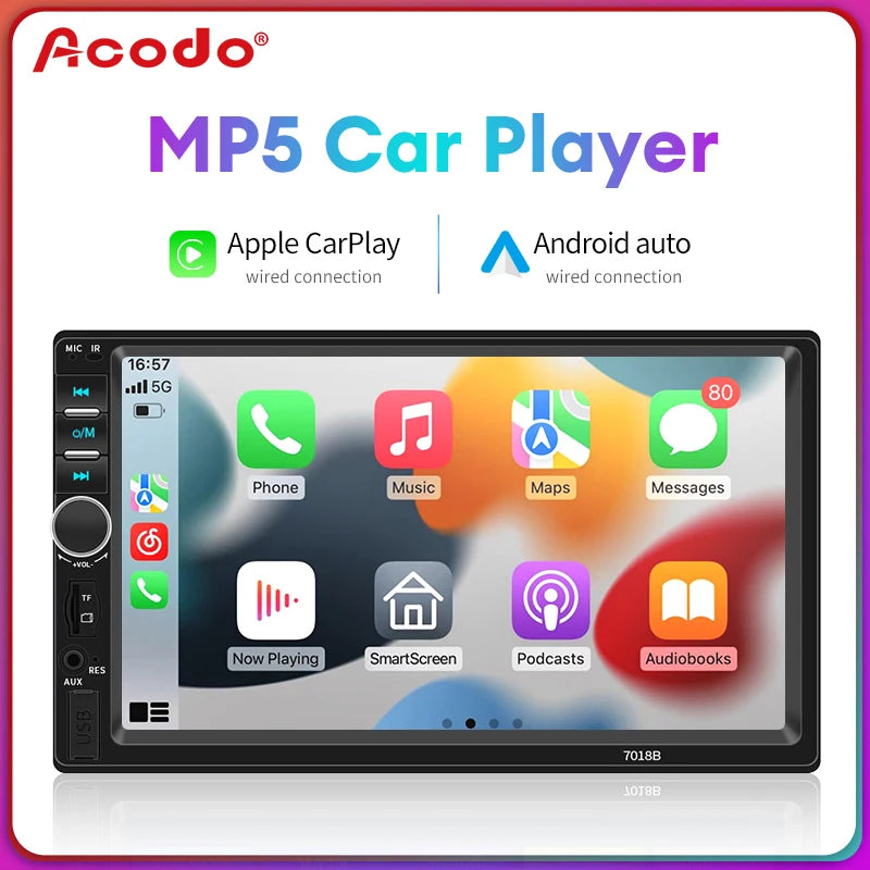 Central multimídia automotiva 2din 7" CarPlay com fio Tela Touch Bluetooth USB TF FM MP5